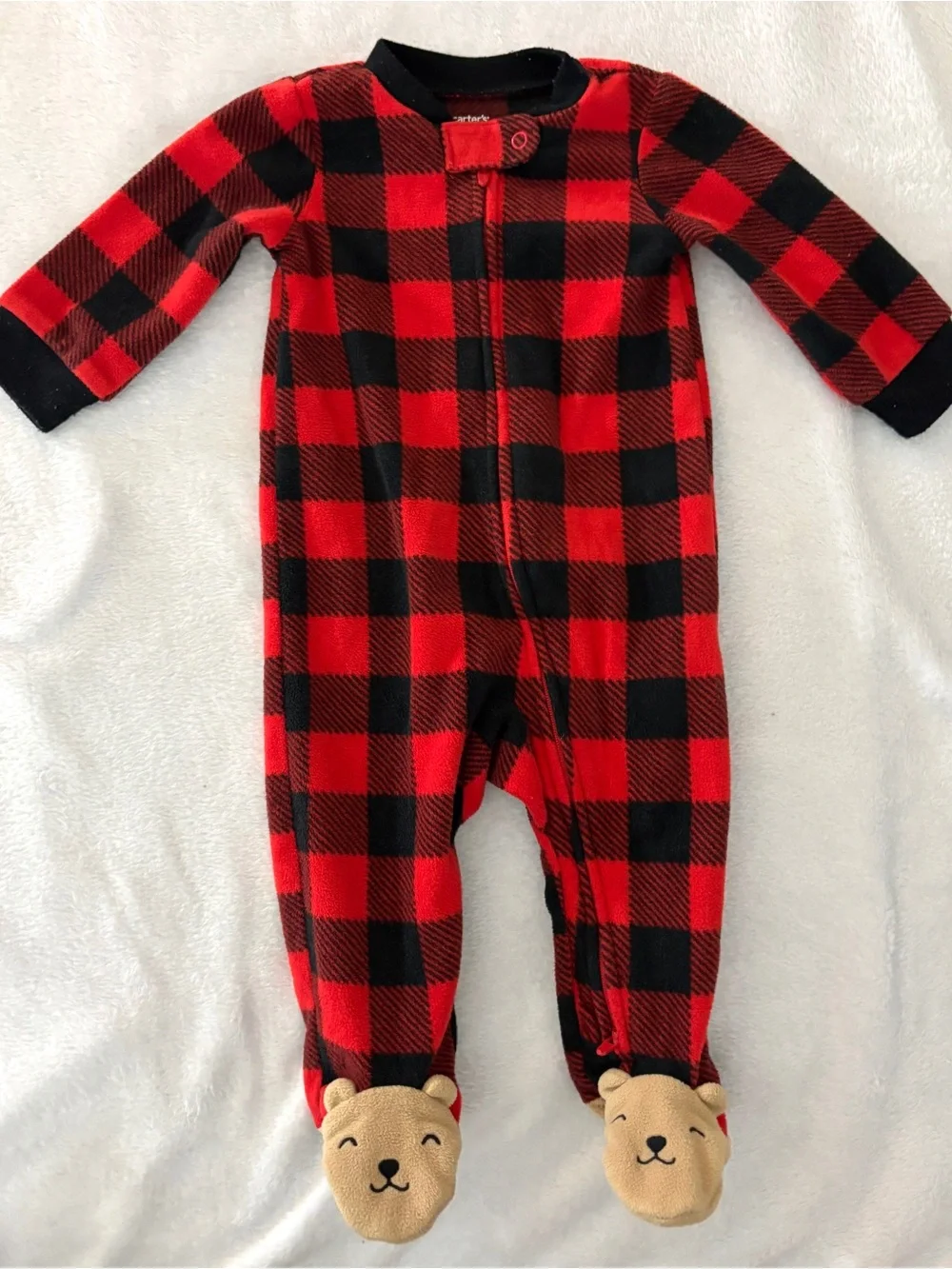 Carter's Red and Black Buffalo Plaid Teddy Bear Footed One-Piece